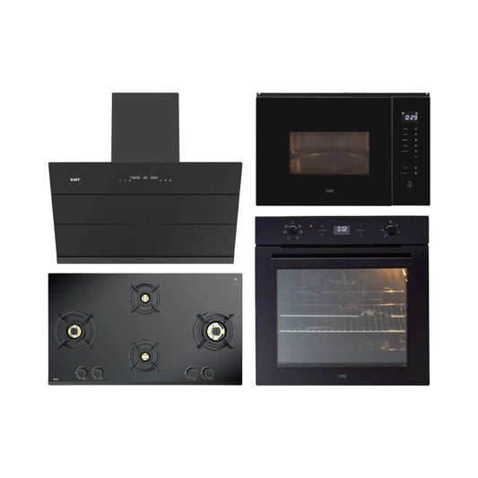 Kaff Built In Oven With Air Fryer OV 81 GIKAFR + Kaff Built-In Microwave KMW HN 6 BLK + Kaff 90 cm Wall Mounted Chimney ALBURY SUPER 90 DC BLDC + Kaff 90 cm 4 Burner Hob Ashford Series ASF 94V