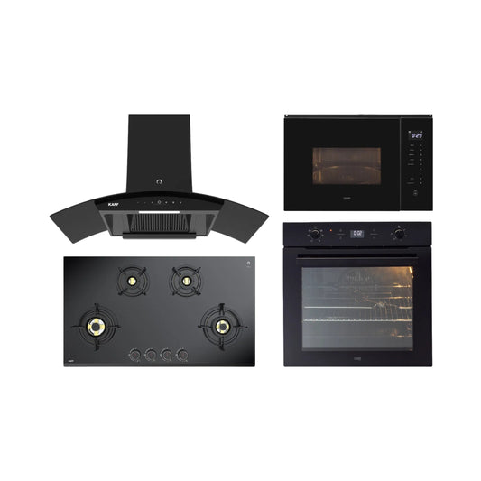 Kaff Built In Oven With Air Fryer OV 81 GIKAFR + Kaff Built-In Microwave KMW HN 6 BLK + Kaff 90 cm Wall Mounted Chimney VASCO 90 DC - BLDC + Kaff 90 cm 4 Burner Hob Ashford Series ASF 94M