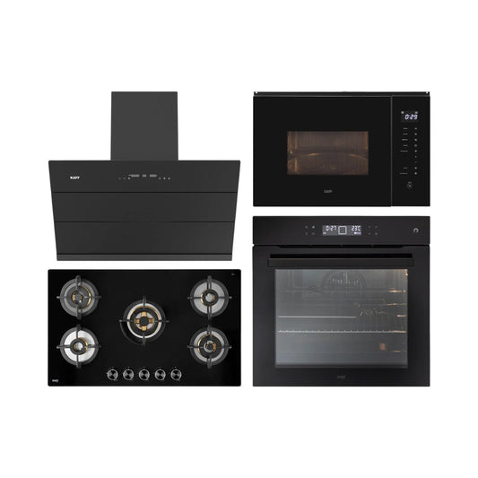Kaff Built In Oven With Air Fryer OV 81TC BL AFR + Kaff Built-In Microwave KMW HN 6 BLK + Kaff 90 cm Wall Mounted Chimney ALBURY SUPER 90 DC BLDC + Kaff 86 cm 5 Burner Hob Bellini F BLHF 865X