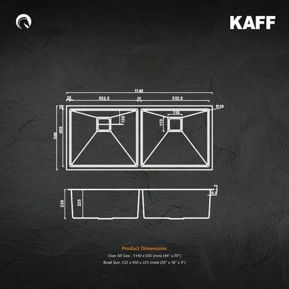 Kaff Stainless Steel Sink Marco Series DOUBLE BOWL KS 114 DB R10 ( 45 x 18 inches ) - Satin