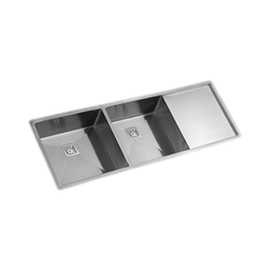 Kaff Stainless Steel Sink Marco Series DOUBLE BOWL WITH DRAIN BOARD KS 140 DBD R10 ( 55 x 20 inches ) - Satin