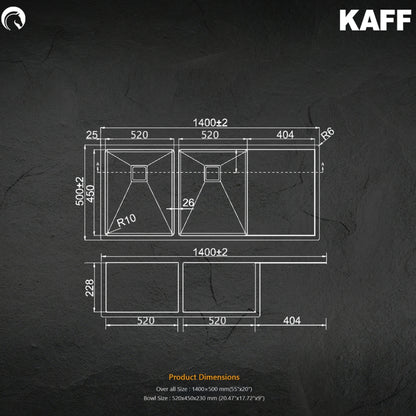Kaff Stainless Steel Sink Marco Series DOUBLE BOWL WITH DRAIN BOARD KS 140 DBD R10 ( 55 x 20 inches ) - Satin