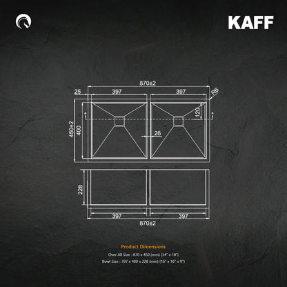 Kaff Stainless Steel Sink Marco Series DOUBLE BOWL KS 870 DB R10 ( 34 x 18 inches ) - Satin