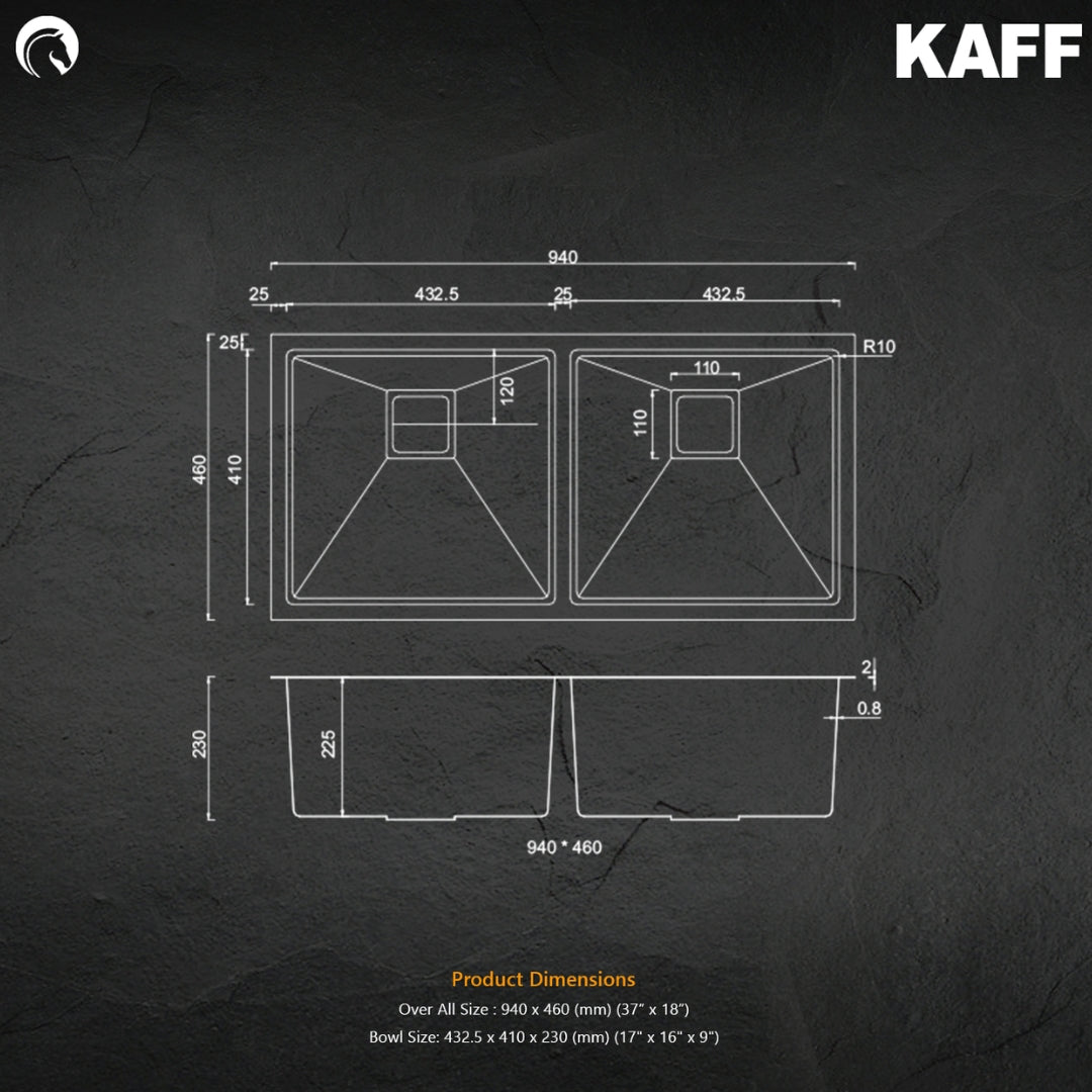 Kaff Stainless Steel Sink Marco Series DOUBLE BOWL KS 940 DB R10 ( 37 x 18 inches ) - Satin