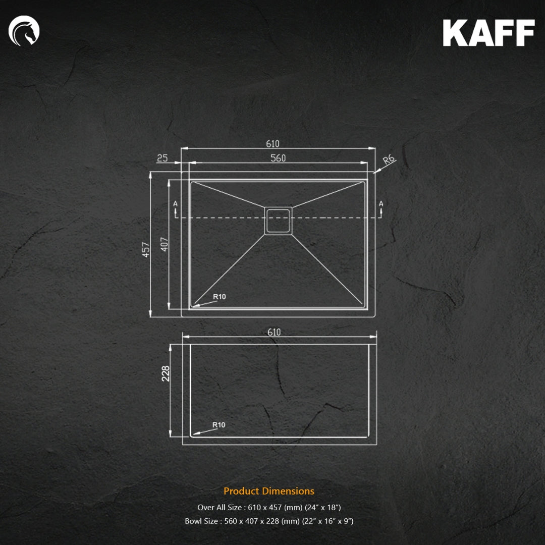 Kaff Stainless Steel Sink Carra Series SINGLE BOWL KSBL 610 SB R10 ( 24 x 18 inches ) - Black Satin