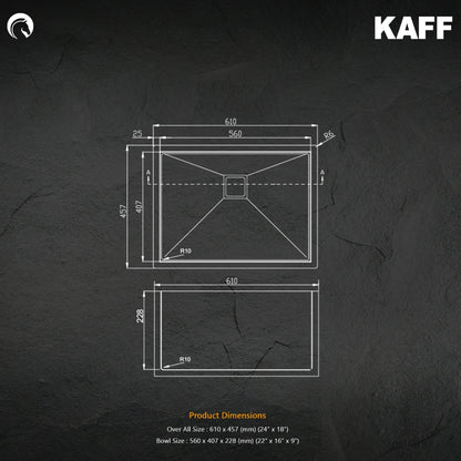 Kaff Stainless Steel Sink Carra Series SINGLE BOWL KSBL 610 SB R10 ( 24 x 18 inches ) - Black Satin