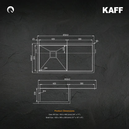 Kaff Stainless Steel Sink Carra Series SINGLE BOWL WITH DRAIN BOARD KSBL 850 SBD R10 ( 24 x 18 inches ) - Black Satin