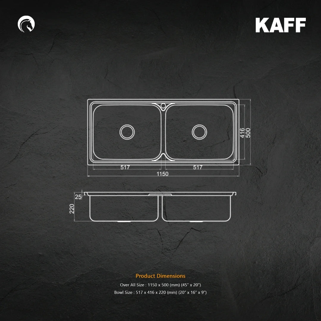 Kaff Stainless Steel Sink Olivia Series DOUBLE BOWL KSD 115 DB ( 45 x 20 inches ) - Satin