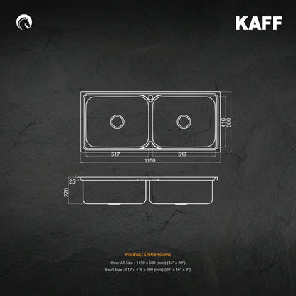 Kaff Stainless Steel Sink Olivia Series DOUBLE BOWL KSD 115 DB ( 45 x 20 inches ) - Satin