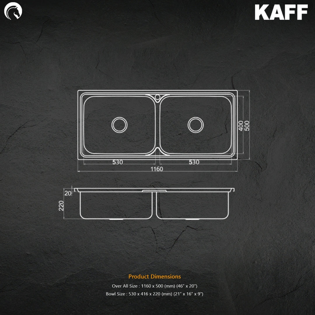 Kaff Stainless Steel Sink Olivia Series DOUBLE BOWL KSD 116 DB ( 46 x 20 inches ) - Satin