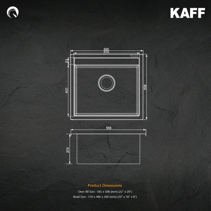 Kaff Quartz Sink Casso Series KSG 22 SB BLK ( 22 x 20 inches )  -  Black