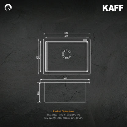 Kaff Quartz Sink Casso Series KSG 24 SB BLK ( 24 x 18 inches )  -  Black