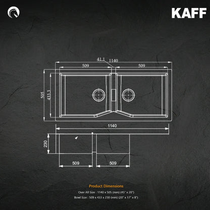 Kaff Quartz Sink Casso Series KSG 45 DB BLK ( 45 x 20 inches )  -  Black