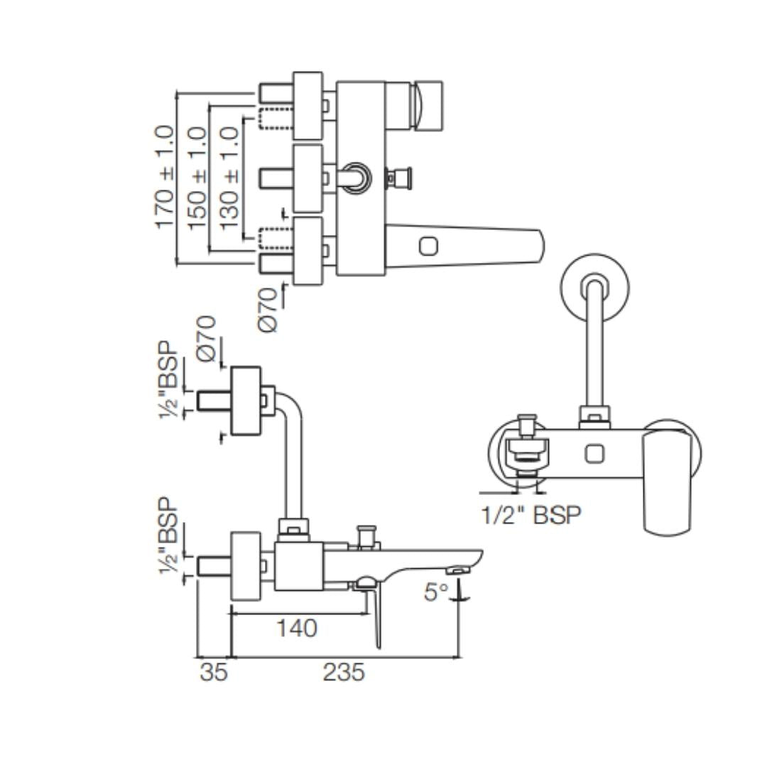 Jaquar 3 Way Wall Mixer Kubix Prime KUP-GBP-35125PM Normal Flow - Gold Bright PVD Finish