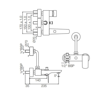 Jaquar 3 Way Wall Mixer Kubix Prime KUP-GBP-35125PM Normal Flow - Gold Bright PVD Finish