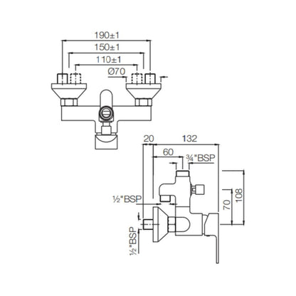 Jaquar 2 Way Wall Mixer Lyric LYR-CHR-38145 Normal Flow - Chrome Finish