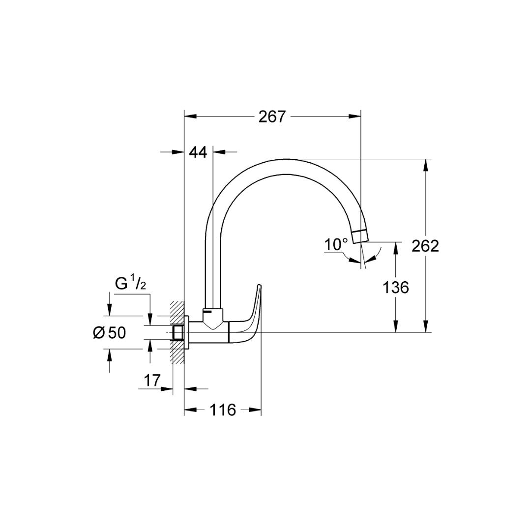 Grohe Wall Mounted Regular Kitchen Sink Tap Baucurve M31226000 with Swinging Spout in Chrome Finish