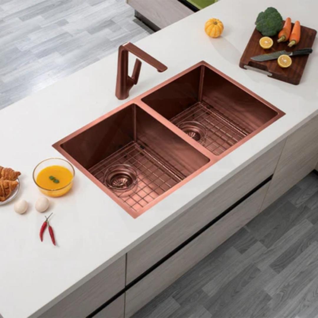 Carysil Stainless Steel Sink Micro Radius R 10 MICRO RADIUS R 10 PVD FINISH DOUBLE BOWL 34 X 17 X 8 ( 34 x 17 inches ) - Rose Gold