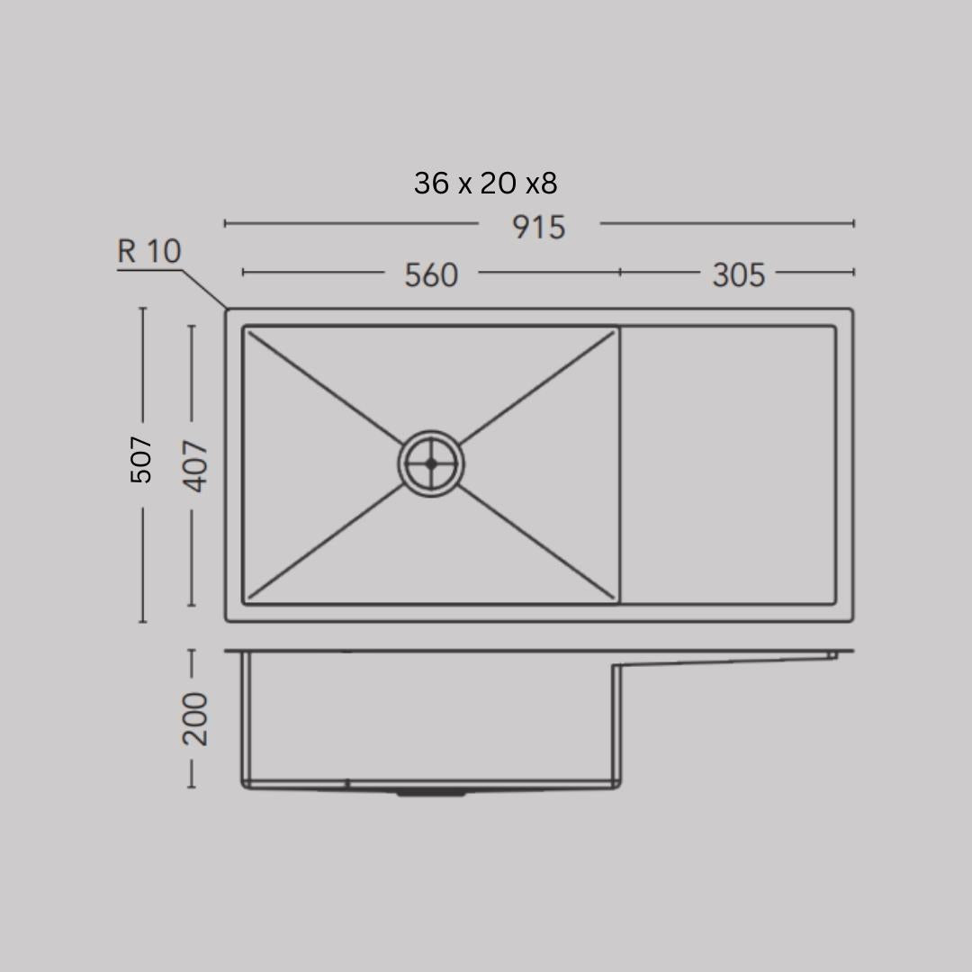 Carysil Stainless Steel Sink Micro Radius R 10 MICRO RADIUS R 10 SINGLE BOWL WITH DRAINER WITH FAUCET DECK 36 X 20 X 8 ( 36 x 20 inches ) - Matt