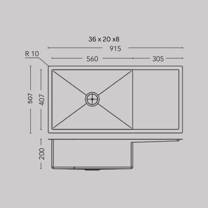 Carysil Stainless Steel Sink Micro Radius R 10 MICRO RADIUS R 10 SINGLE BOWL WITH DRAINER WITH FAUCET DECK 36 X 20 X 8 ( 36 x 20 inches ) - Matt