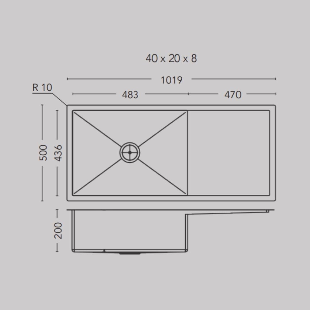 Carysil Stainless Steel Sink Micro Radius R 10 MICRO RADIUS R 10 SINGLE BOWL WITH DRAINER 40 X 20 X 8 ( 40 x 20 inches ) - Matt