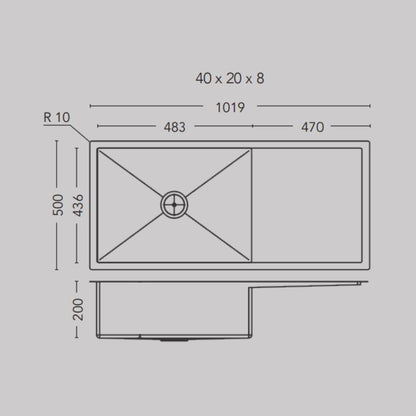 Carysil Stainless Steel Sink Micro Radius R 10 MICRO RADIUS R 10 SINGLE BOWL WITH DRAINER 40 X 20 X 8 ( 40 x 20 inches ) - Matt