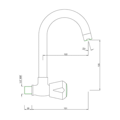 Essco Wall Mounted Regular Kitchen Sink Tap Marvel MQT-522S with Swinging Spout in Chrome Finish