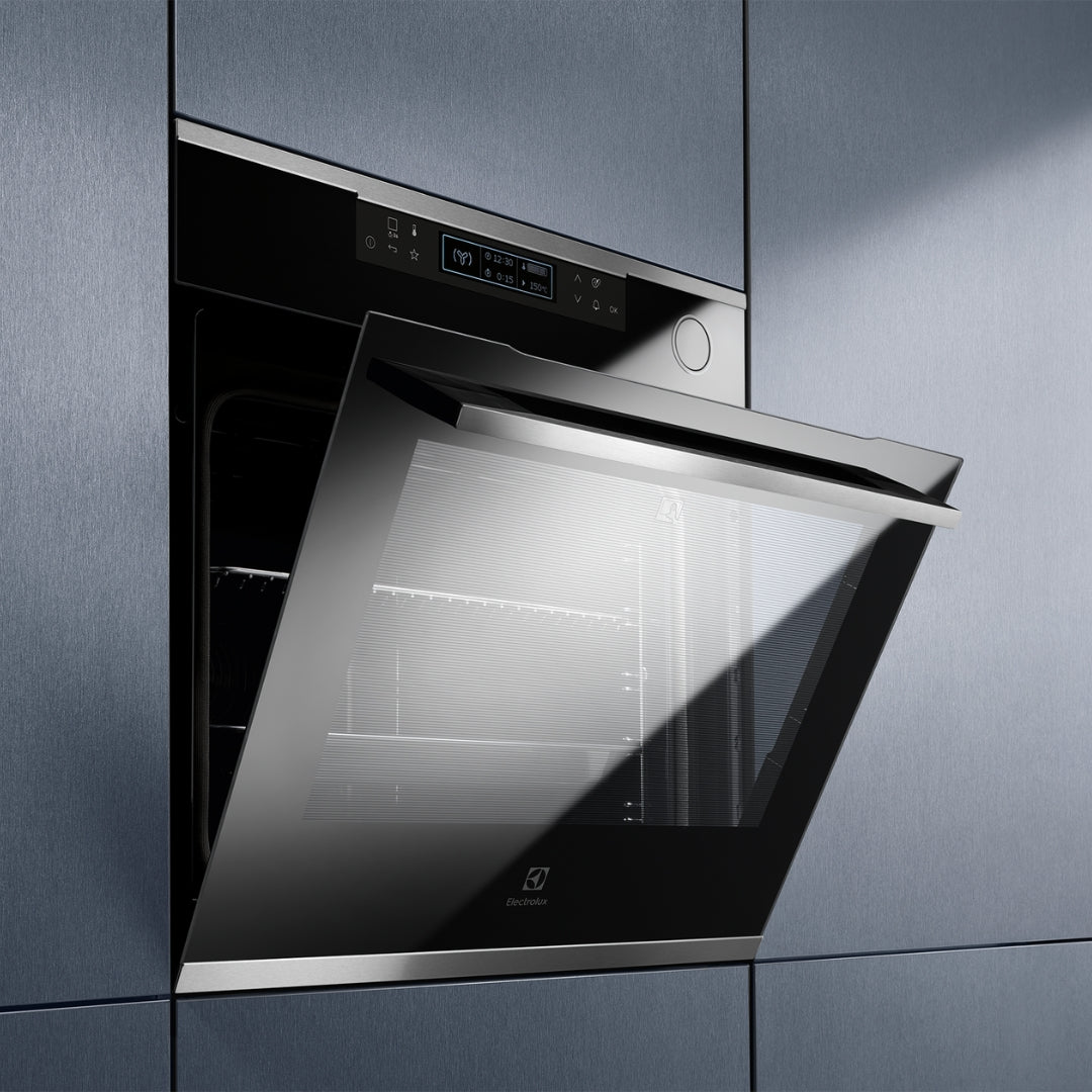 Electrolux Built In Oven with Steam Assist KOCBP21XA + Electrolux Built-In Convection Microwave with Air Fryer EMSB30XCF + Electrolux 90 cm Wall Mounted Chimney ECS9932KB + Electrolux 90 cm 4 Burner Hob UltimateTaste 300 EHG9430BCI