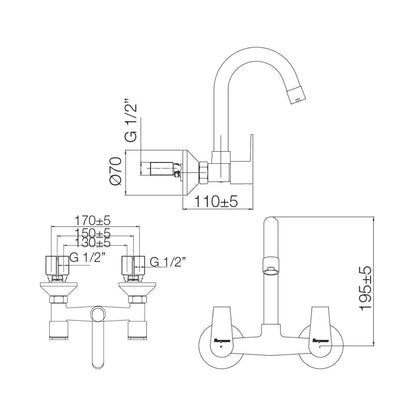 Parryware Wall Mounted Regular Kitchen Sink Mixer Praseo T1335A1 with Swinging Spout in Chrome Finish