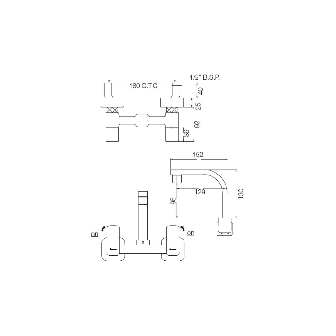 Parryware Wall Mounted Regular Kitchen Sink Mixer Quattro T2335A1 with Swinging Spout in Chrome Finish