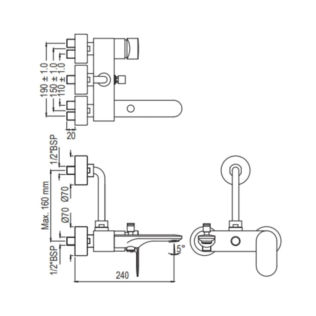 Jaquar 3 Way Wall Mixer Opal Prime OPP-BLM-15125PM Normal Flow - Black Matt Finish