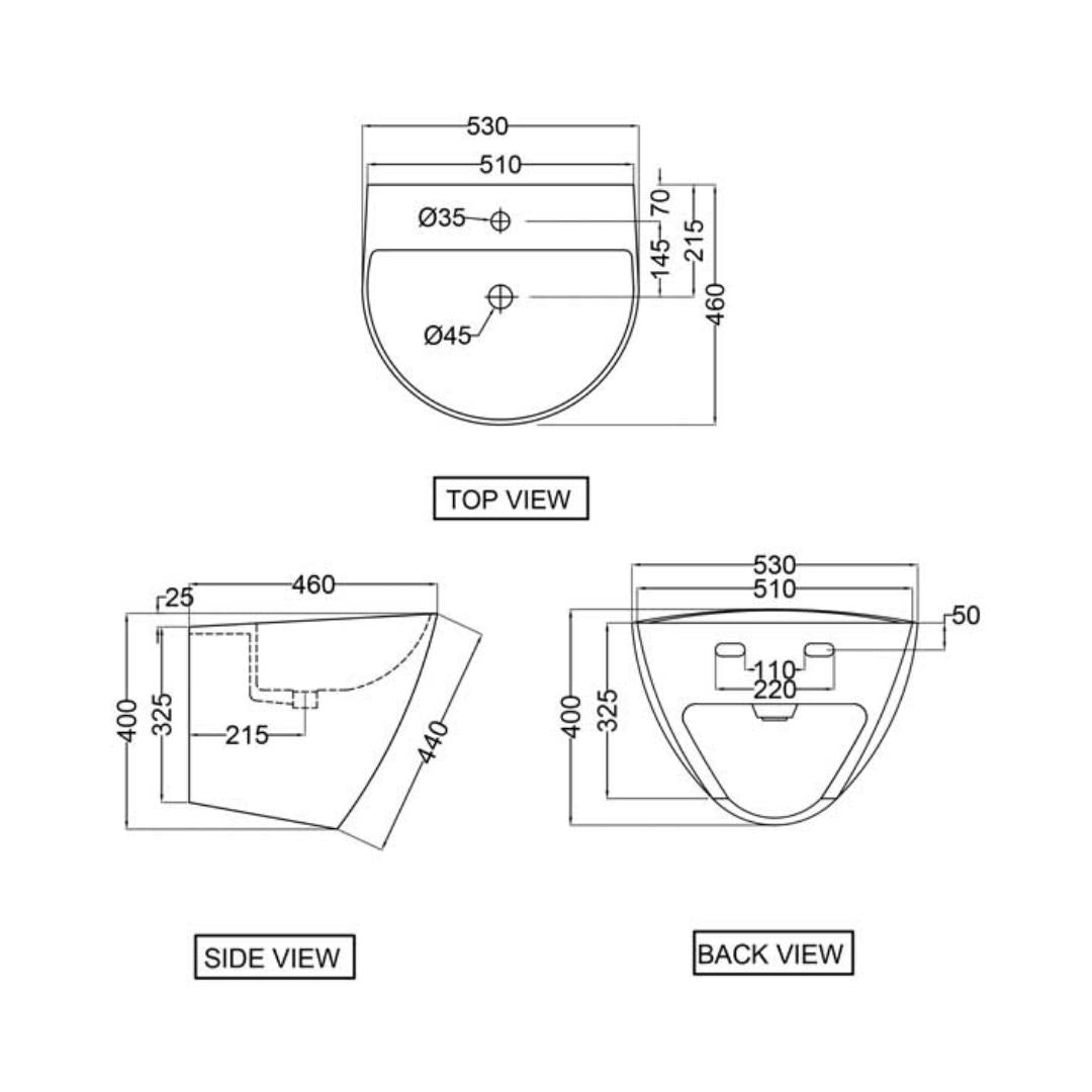Jaquar - Wall Mounted Semi Circle White Wash Basin - Opal - OPS WHT ...