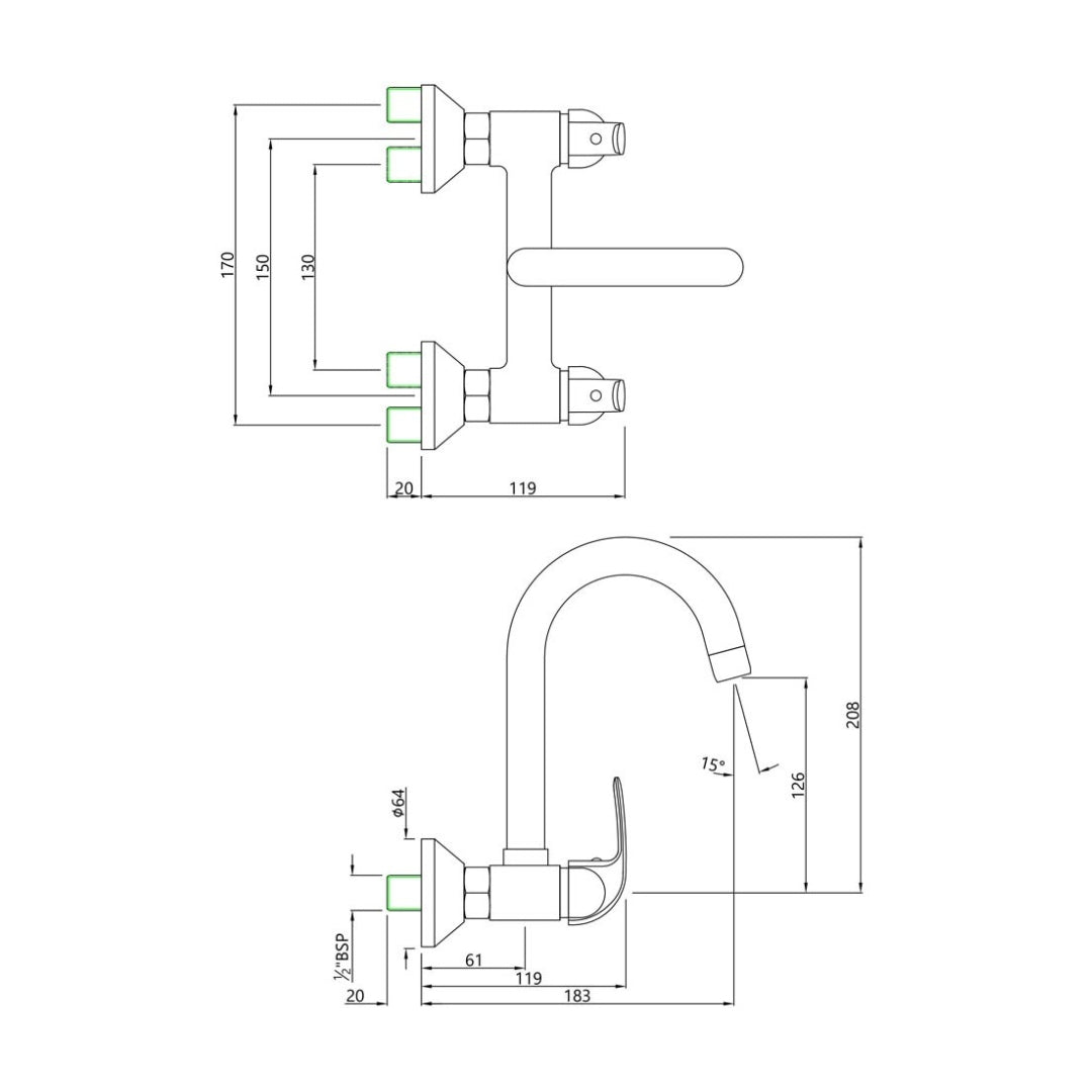 Essco Wall Mounted Regular Kitchen Sink Mixer Orbit ORB-105309 with Swinging Spout in Chrome Finish