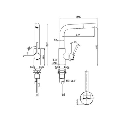 Reginox Table Mounted Regular Kitchen Sink Mixer PALM with Extractable Hand Shower Spout in Stainless Steel Finish