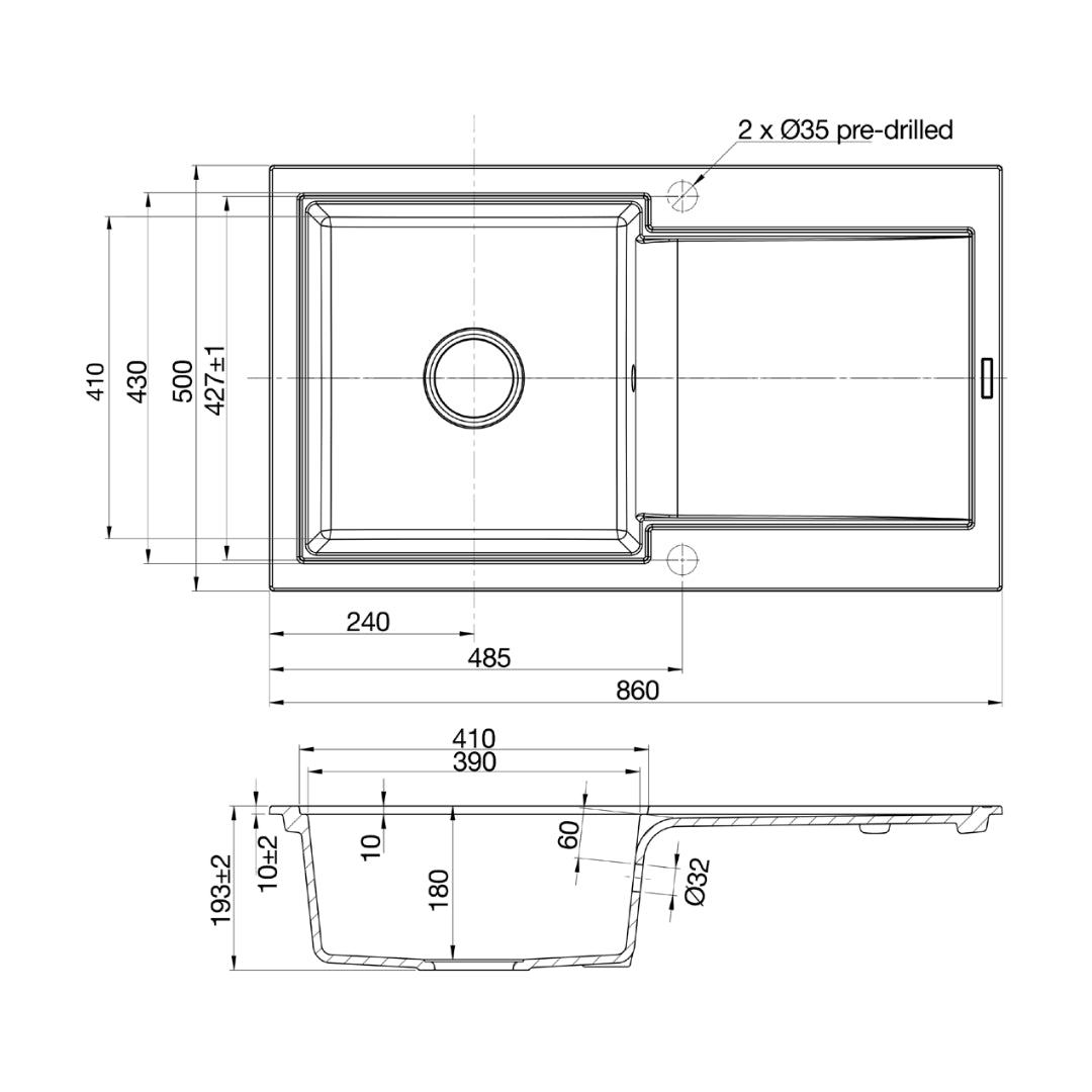 Hafele Quartz Sink Lithos Quartz Range PRIMO SINGLE BOWL ( 34 x 20 inches )  -  Mocha