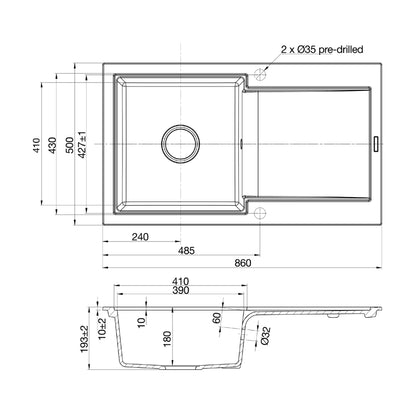 Hafele Quartz Sink Lithos Quartz Range PRIMO SINGLE BOWL ( 34 x 20 inches )  -  Obsidian
