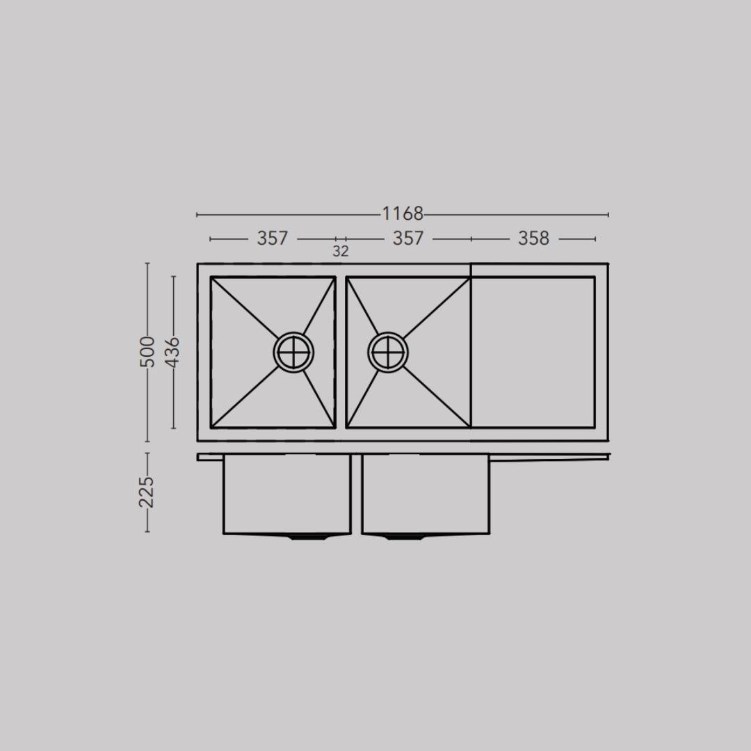 Carysil Stainless Steel Sink Quadro QUADRO DOUBLE BOWL WITH DRAINER 46 X 20 X 9 ( 46 x 20 inches ) - Matt