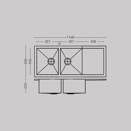 Carysil Stainless Steel Sink Quadro QUADRO DOUBLE BOWL WITH DRAINER 46 X 20 X 9 ( 46 x 20 inches ) - Matt