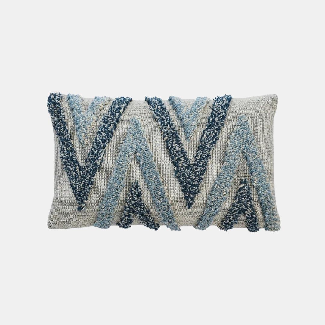 Arrowhead Sky Blue, Steel Blue & Natural Cotton Knitted Decorative Cushion Cover (12 in x 20 in)