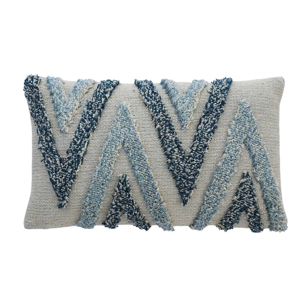 Arrowhead Sky Blue, Steel Blue & Natural Cotton Knitted Decorative Cushion Cover (12 in x 20 in)