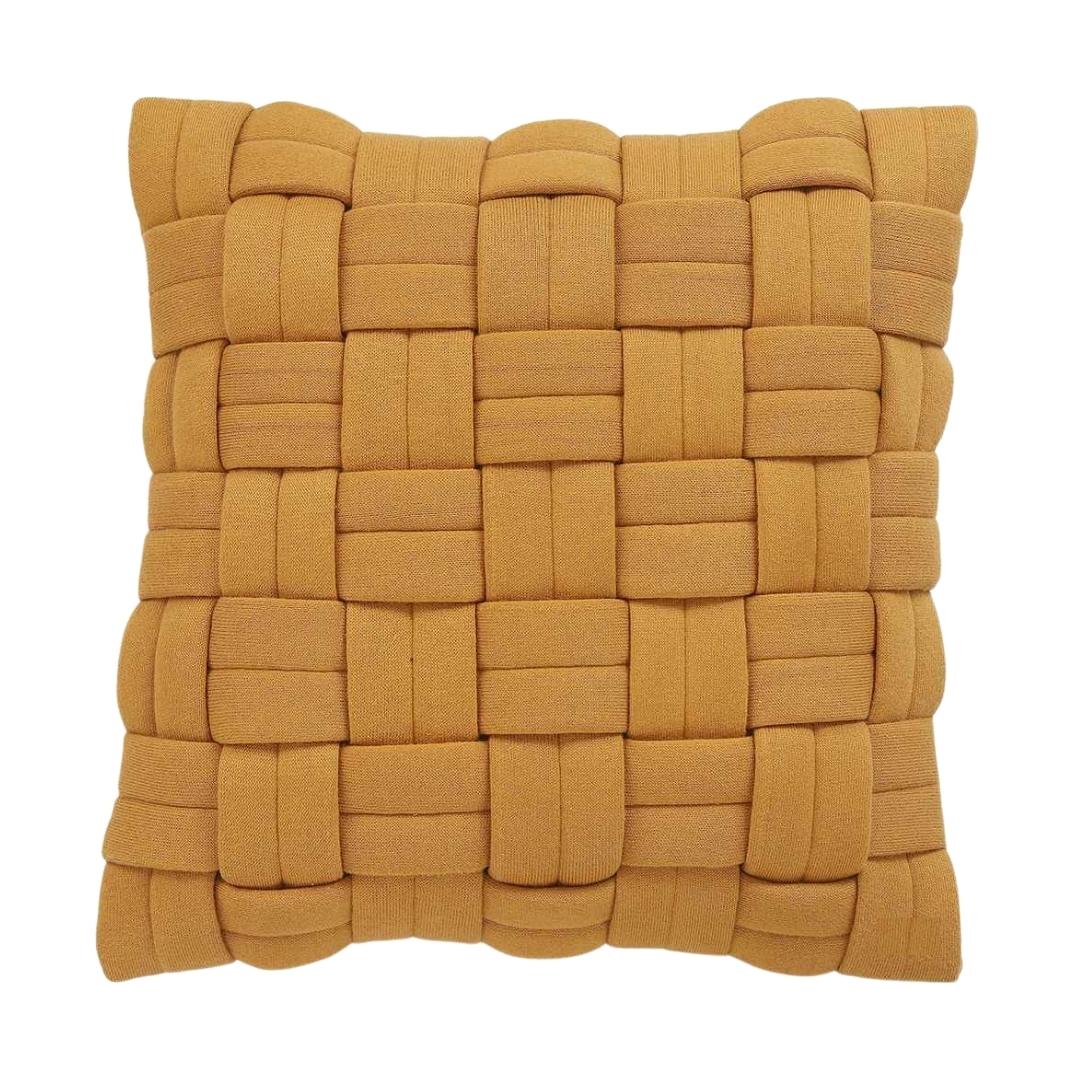 Basket Knit Mustard Cotton Knitted Decorative Cushion Cover (16 in x 16 in)