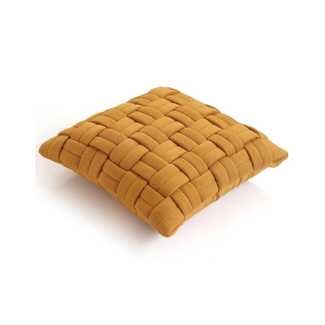 Basket Knit Mustard Cotton Knitted Decorative Cushion Cover (16 in x 16 in)