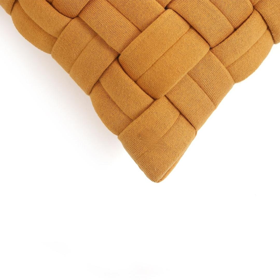 Basket Knit Mustard Cotton Knitted Decorative Cushion Cover (16 in x 16 in)