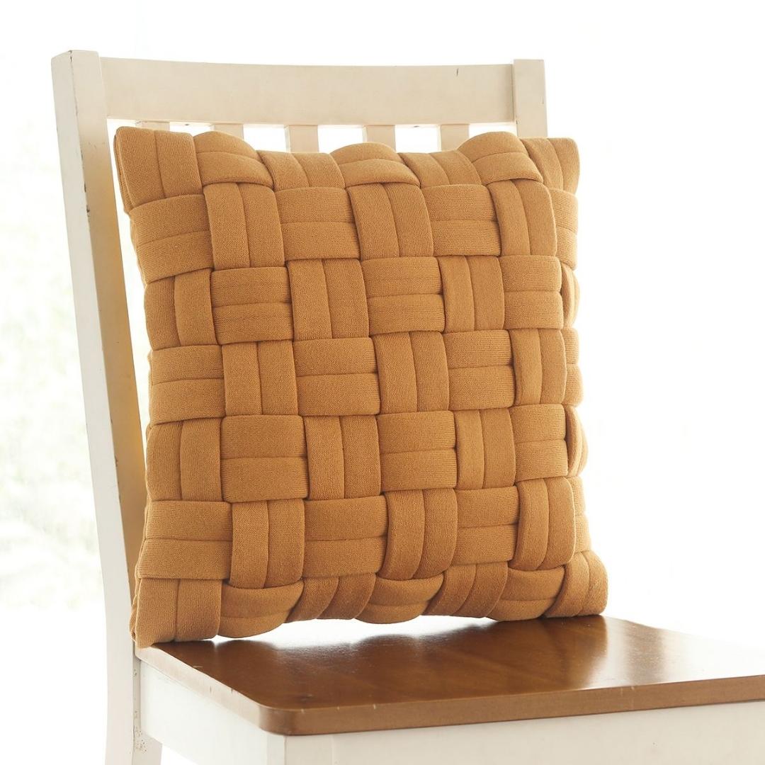 Basket Knit Mustard Cotton Knitted Decorative Cushion Cover (16 in x 16 in)