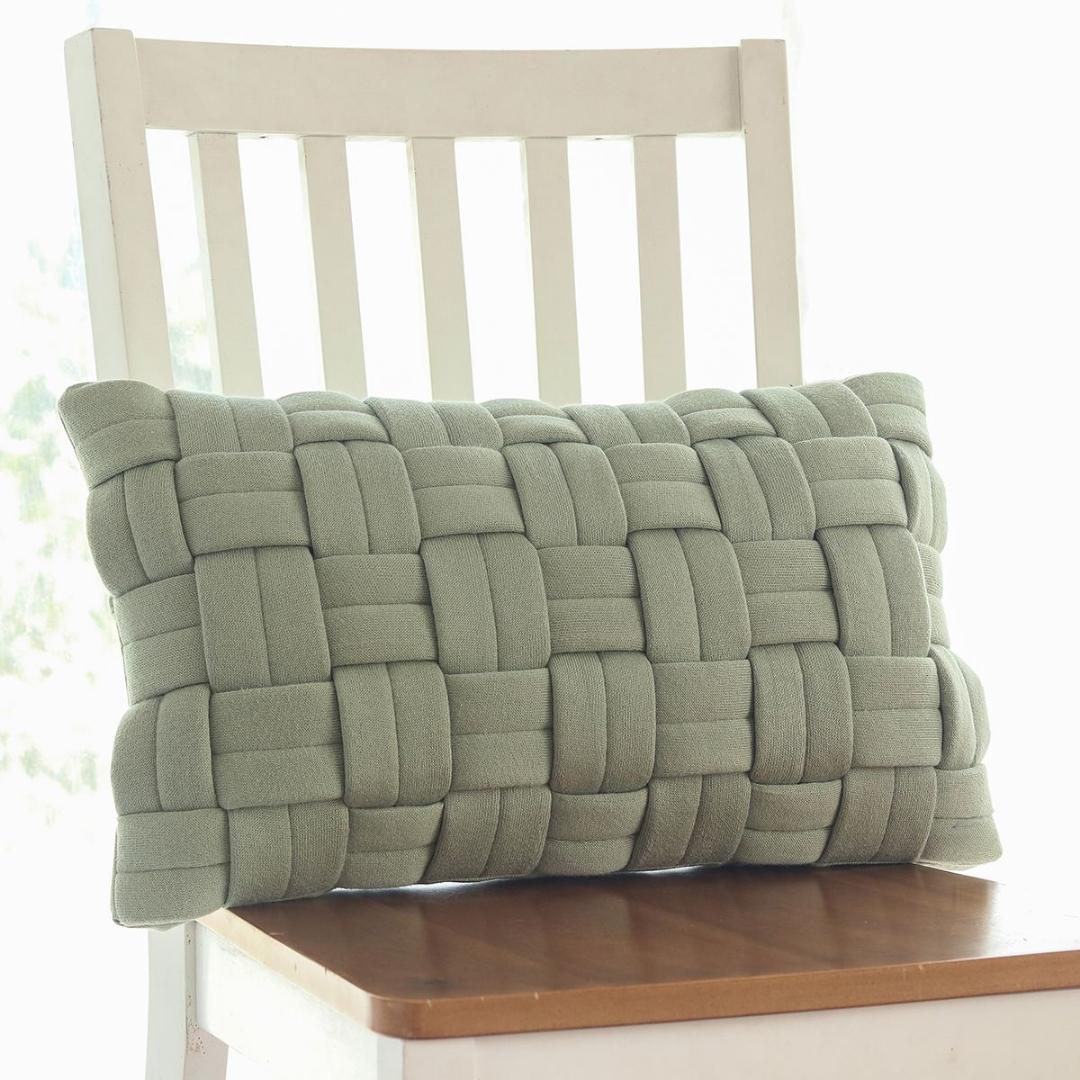 Basket Knit Pistachio Green Cotton Knitted Decorative Cushion Cover (12 in x 20 in)