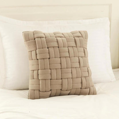 Basket Knit Sandy Brown Cotton Knitted Decorative Cushion Cover (16 in x 16 in)