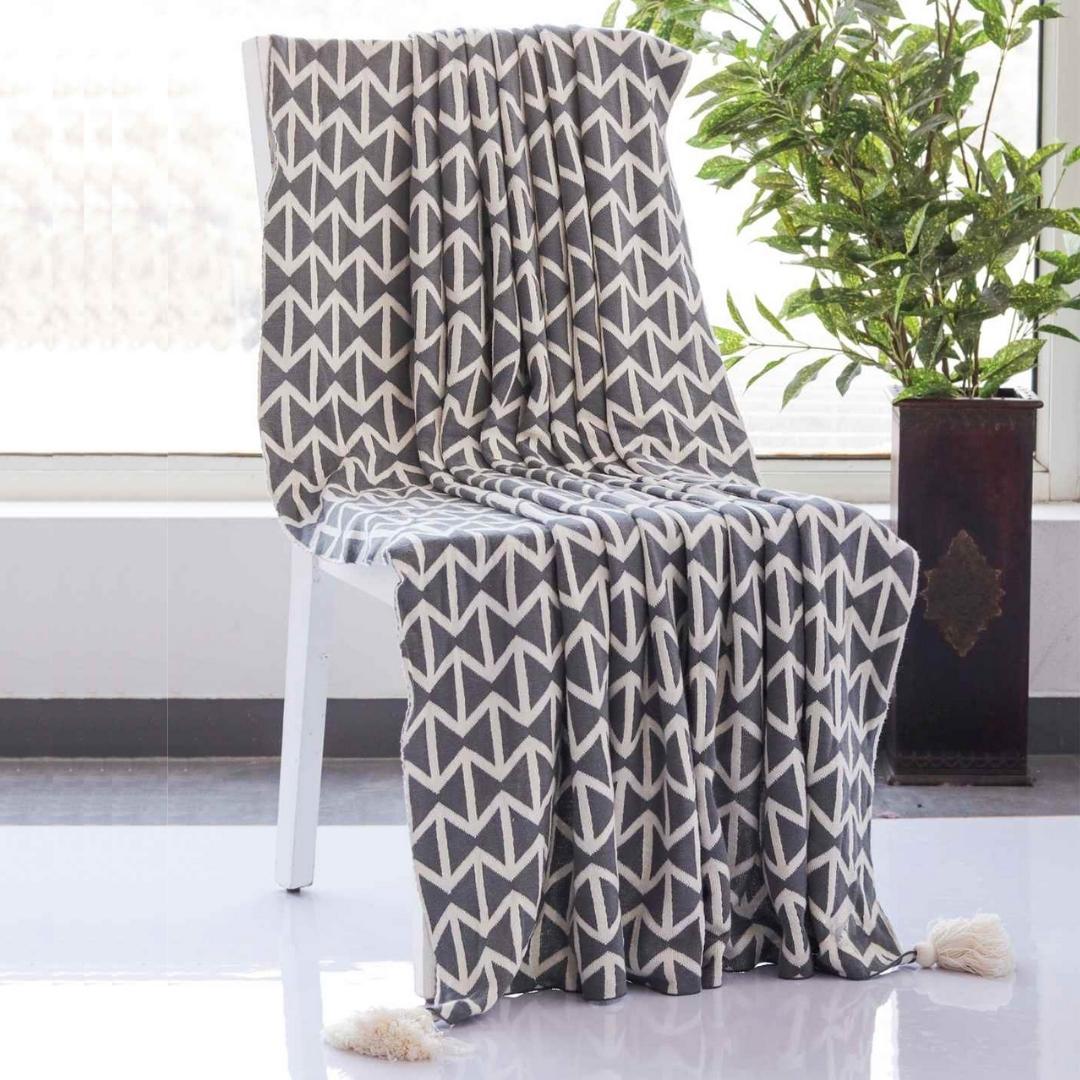 Beatrice Dark Grey & Natural Cotton Knitted Throw Blanket (50 in x 60 in)