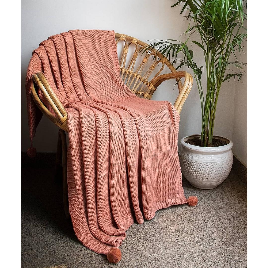 Chunky Jersey Coral Cotton Knitted Throw Blanket (50 in x 60 in)