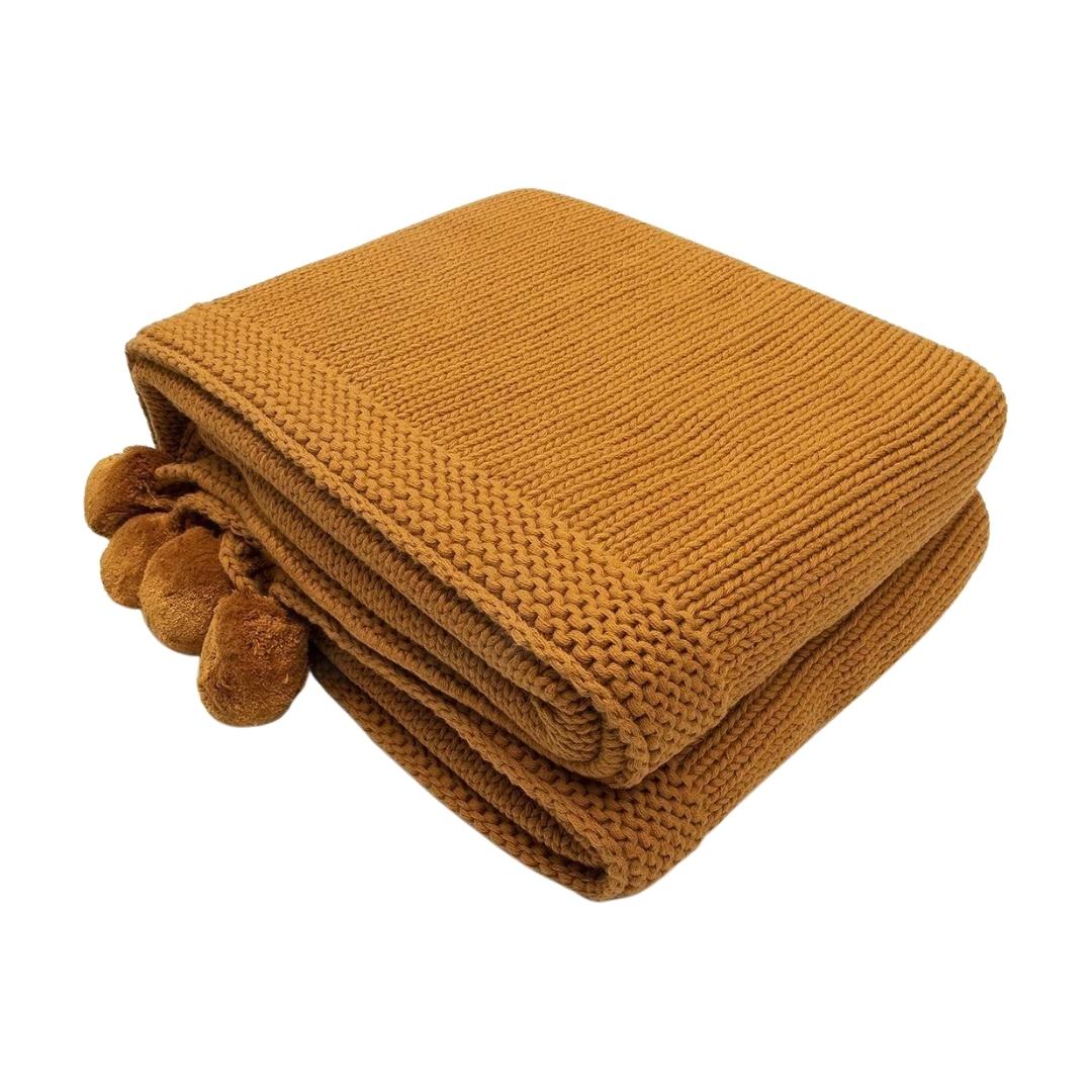 Chunky Jersey Mustard Cotton Knitted Throw Blanket (50 in x 60 in)