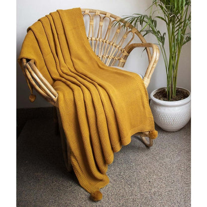 Chunky Jersey Mustard Cotton Knitted Throw Blanket (50 in x 60 in)